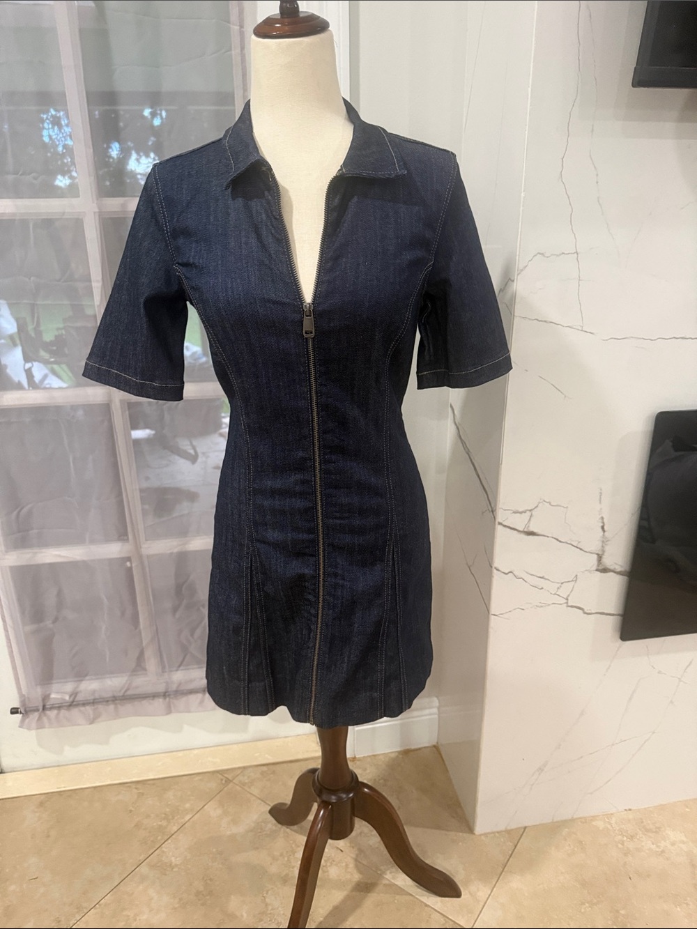 Zara Dark Blue Denim Zip-Front Short Sleeve Dress